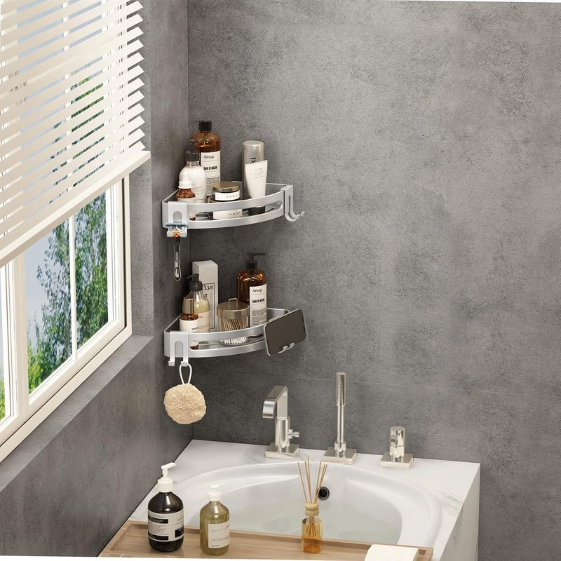 VOLPONE Shower Corner Shelf Caddy 2 Pack shower Organizer No Drill (adhesive mounting, no suction cup) Shower Storage Rust Proof Bathroom Corner Wall Shelf shampoo holder Silver - Image 4